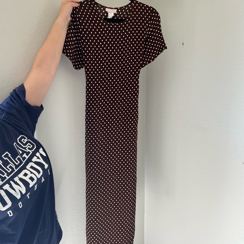vintage polka dot dress - size large - brown and white